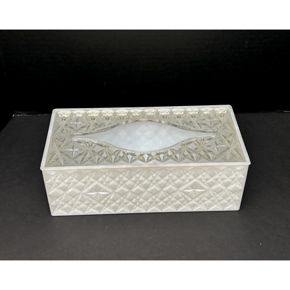 Vtg Trelawney Tissue Box Acrylic Lucite Clear Lid White Base 1963 MCM Hollywood